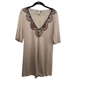 Nanette Lepore Women's Beige Embellished Beaded Tunic Sweater Top Size Large